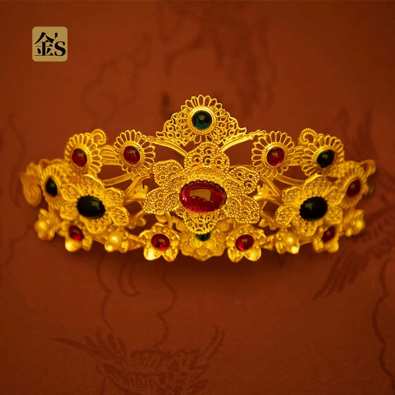 镀金镂空百花嵌红蓝宝发冠发钗明代唐代风格发簪