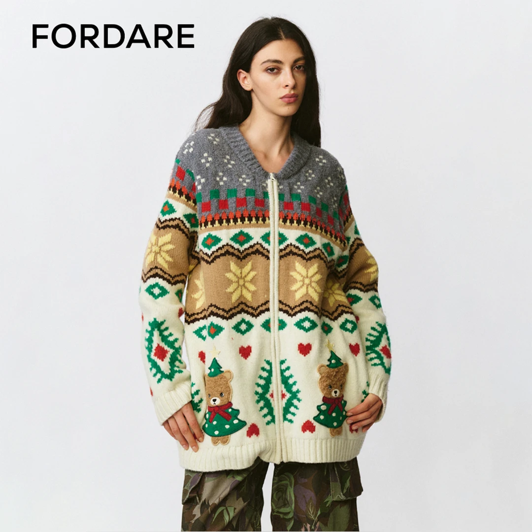 FORDARE 福蝶 25秋冬新品 圣诞小熊毛织开衫外套宽松时尚毛衫1513