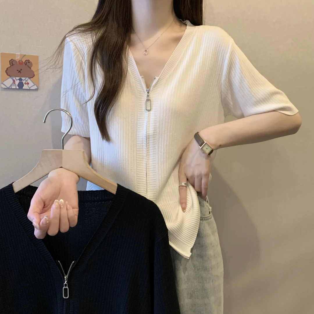 6245大码薄款V领冰丝针织衫遮肉显瘦短袖T恤正肩上衣女胖mm开衫潮