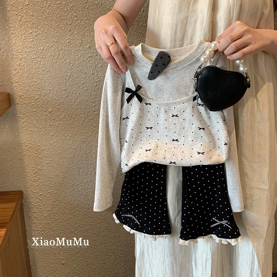 女童T恤2025春季中小童宝宝蝴蝶结假两件长袖上衣洋气喇叭裤套装