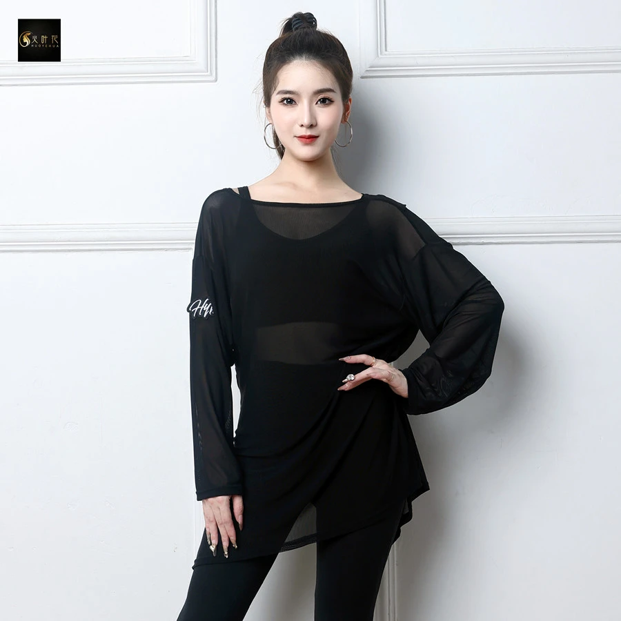 火叶花拉丁舞训练上衣女新款长袖宽松遮肉显瘦长款成人罩衫练功服