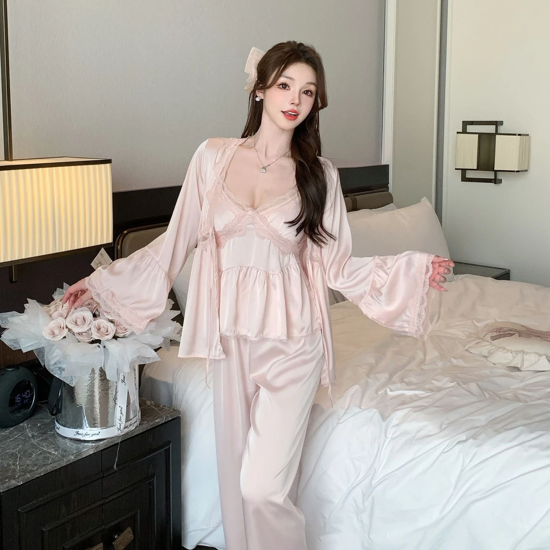 法式缎面睡衣女三件套吊带短裤睡衣夏季甜美家居服新款纯欲大叔