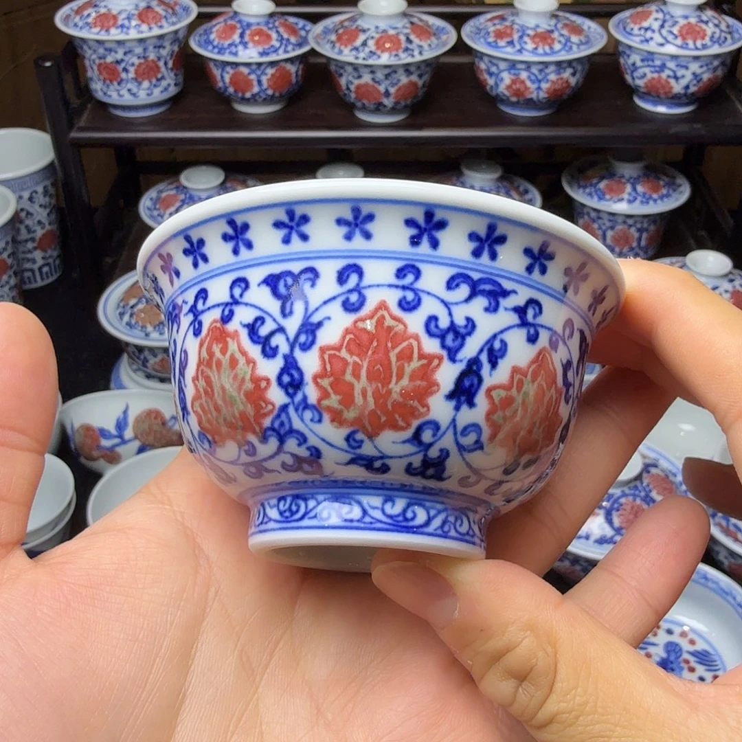 青花釉里红双狮压手杯红包翠