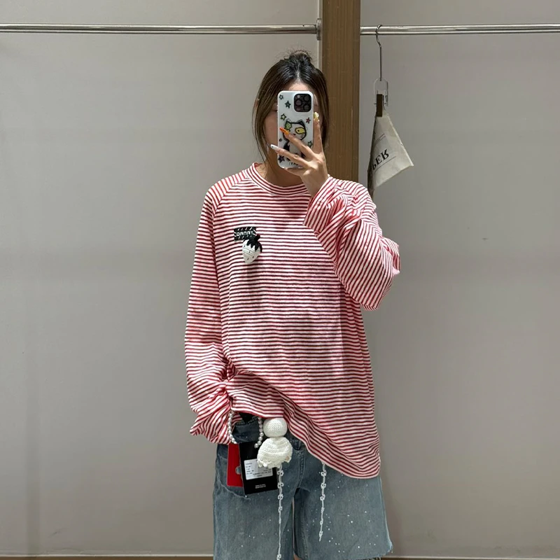 YANAG原创设计奶油红红草莓条纹长袖上衣情侣慵懒宽松休闲T恤