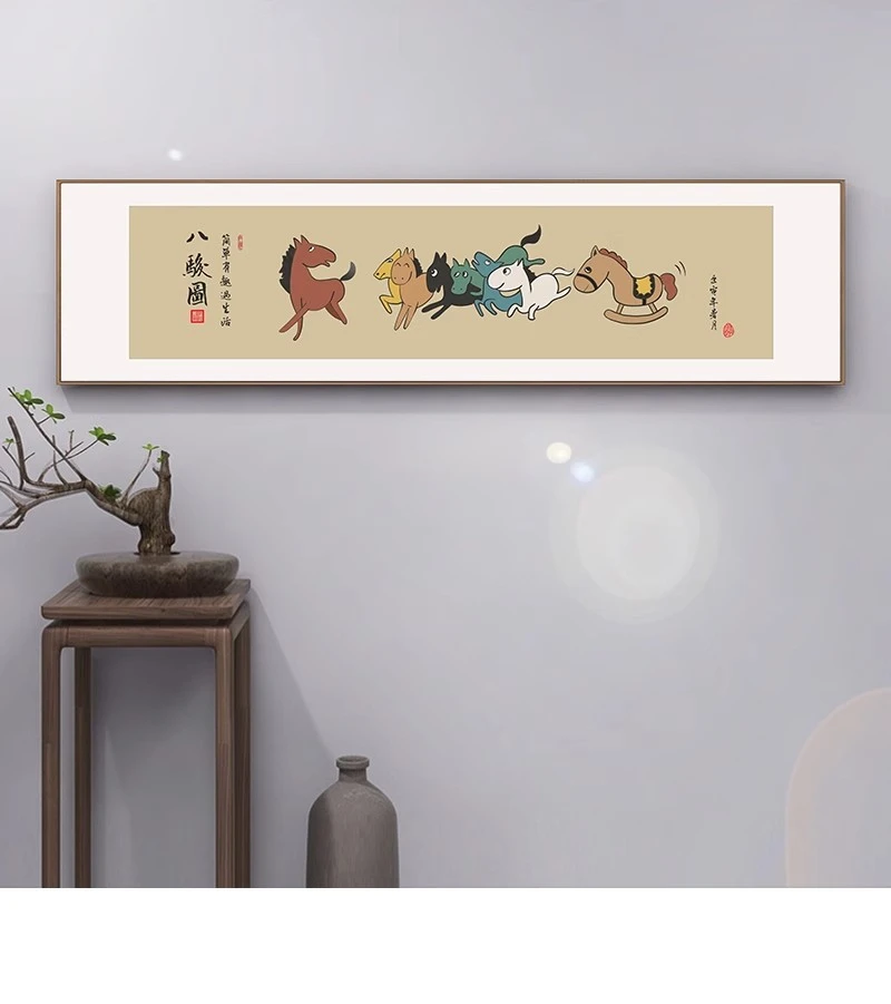 八骏图马到成功装饰画办公室书房客厅茶室背景卧室床头挂画壁画