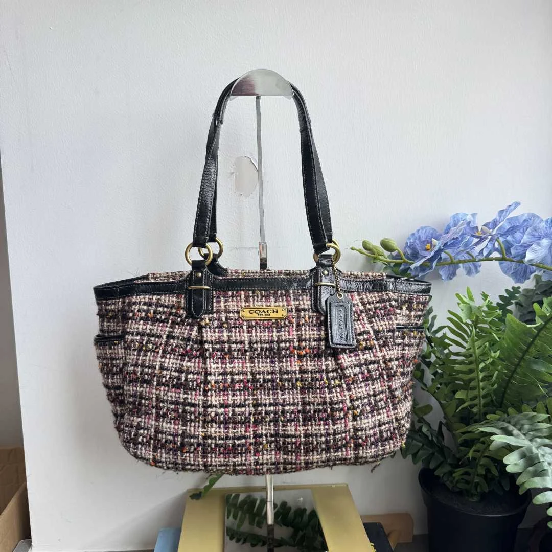 95新 COACH/蔻驰 中古老花毛呢小香风托特手提腋下包044