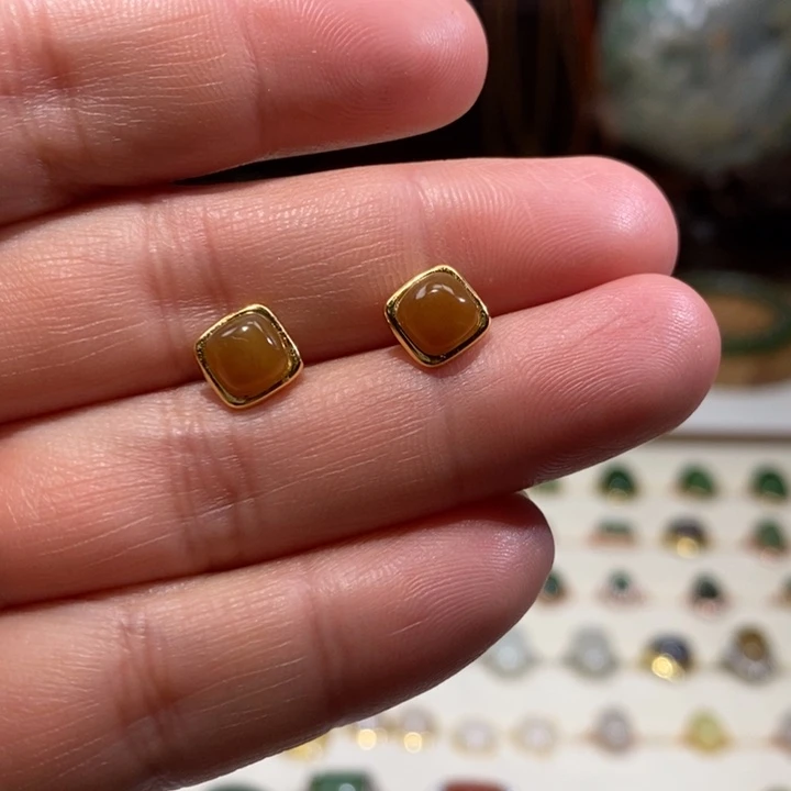 和田玉银S925镀金镶嵌耳饰