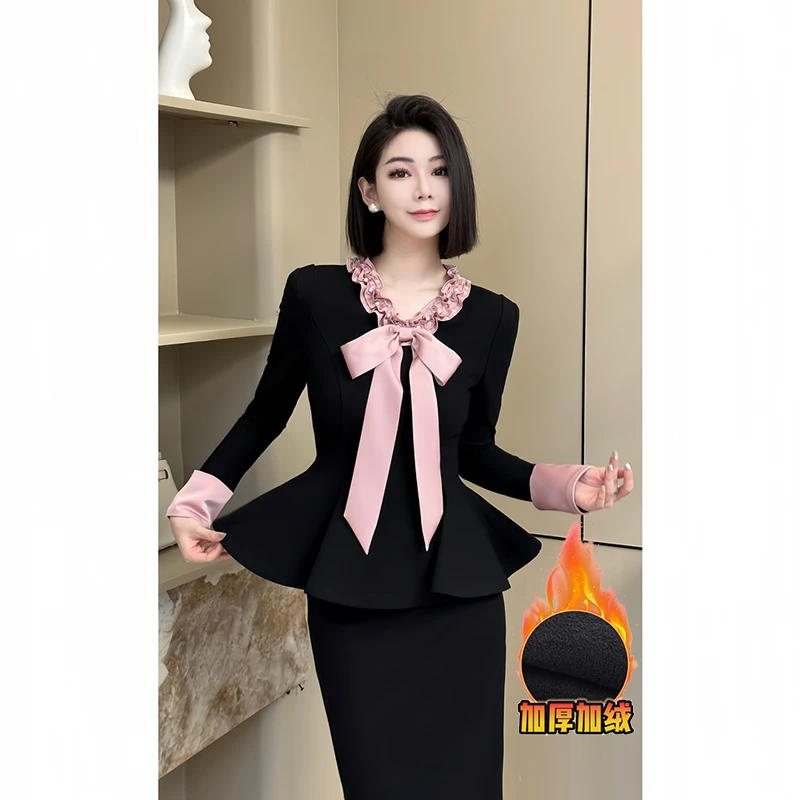 格娜时尚新款蝴蝶结领秋冬洋气女神范显瘦套装品质女装裙子两件套