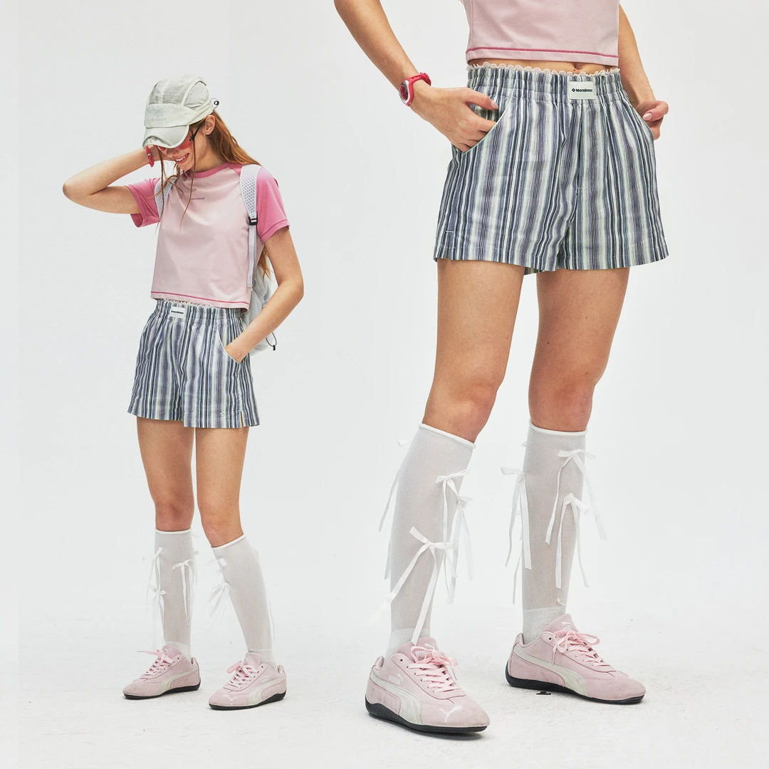 瞬时山野Monterest户外刺绣logo蕾丝腰头宽松条纹阿罗裤短裤女款