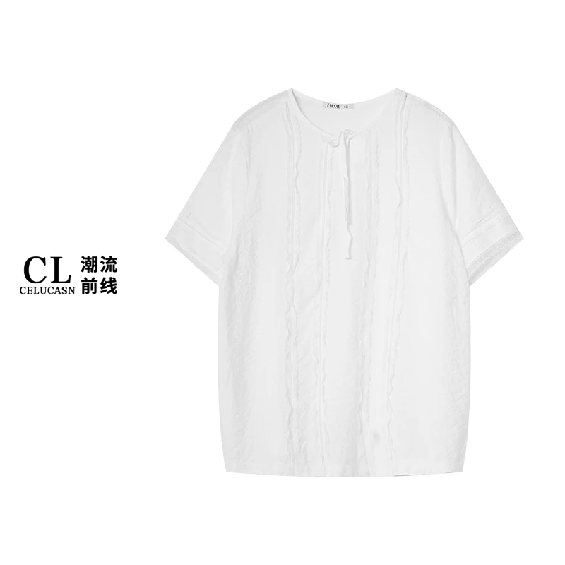 E8IB3556#夏季法式时尚蕾丝花边袖短袖小衫女休闲文艺上衣