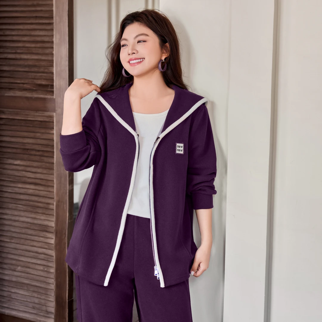 【磨毛针织套装】MsShe大码女装2025冬双拉链外套阔腿裤Q2510035