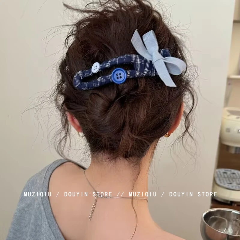 木子秋清新甜美学院风格纹蝴蝶结鸭嘴夹高级感气质时尚搭韩版发夹