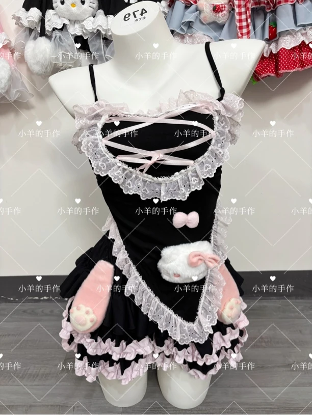 原创手作黑粉甜酷kt套装萌妹吊带短裙可爱甜美风格通勤蕾丝