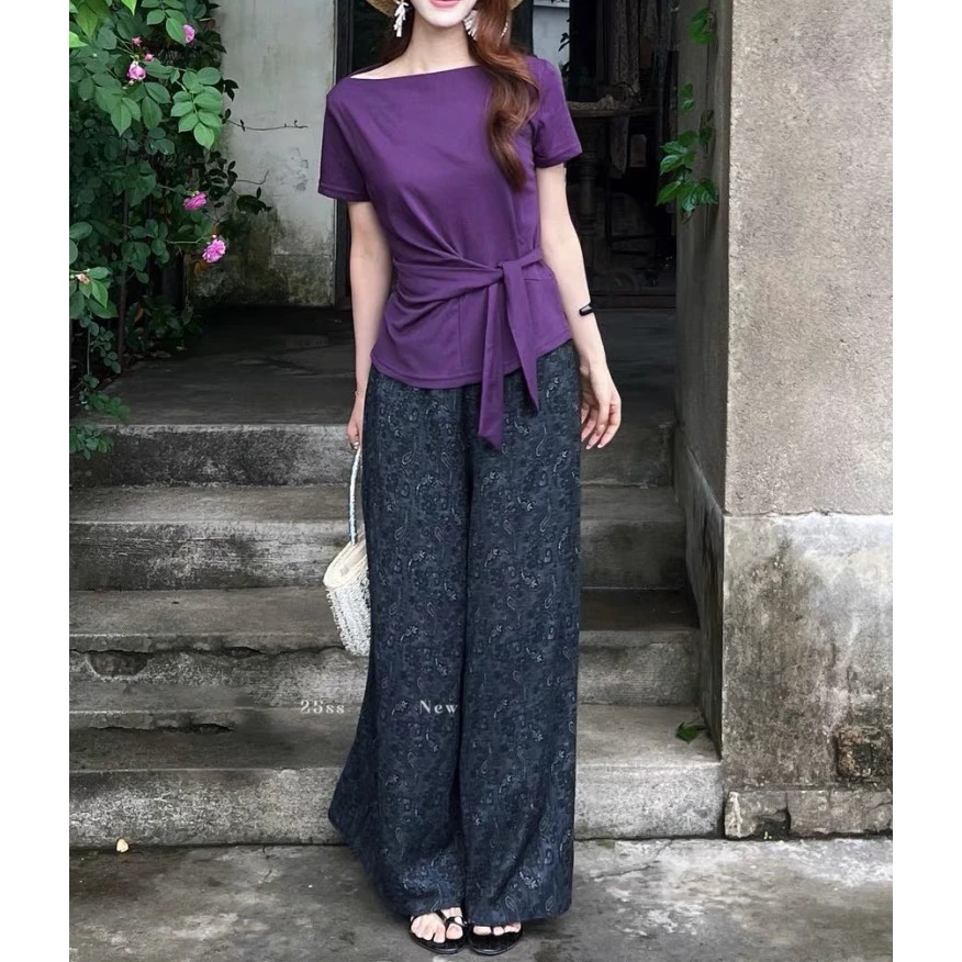 无印心匠D17741-2洋气百搭一字肩系带短袖T恤复古碎花阔腿裤 K632