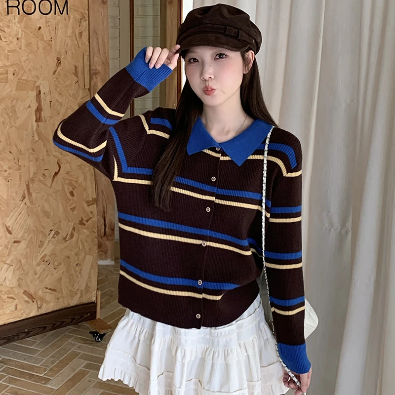 2025秋季新款韩版撞色翻领条纹大码针织开衫女百搭高级感毛衣外套