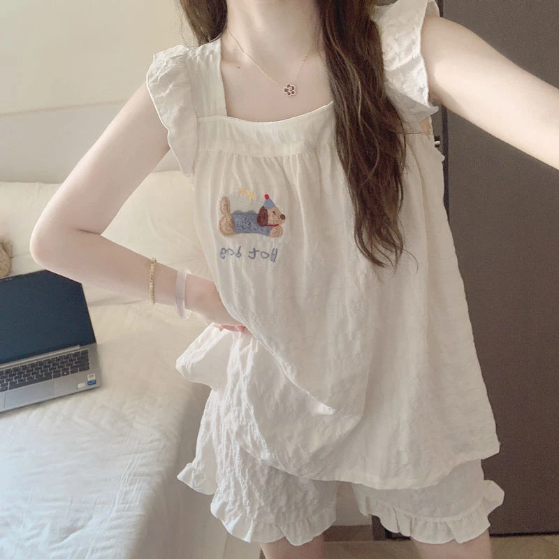 带胸垫睡衣女款夏季云朵棉可爱腊肠狗吊带短裤背心外穿家居服套装