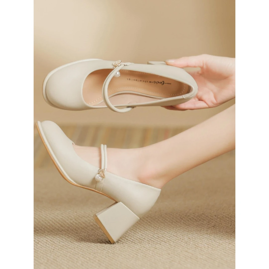 旗袍鞋子玛丽珍单鞋女2025新款仙女粗跟高跟鞋软皮晚晚温柔伴娘鞋