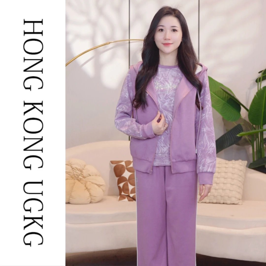 香港UGKG 妈妈洋气时尚贵夫人套装女秋季新款马甲叠穿三件套-KK