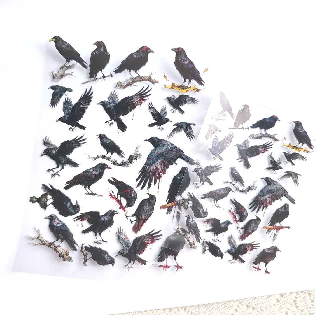 乌鸦白墨pet贴纸暗黑乌鸦贴纸手帐拼贴装饰咕卡造景咕卡贴画素材