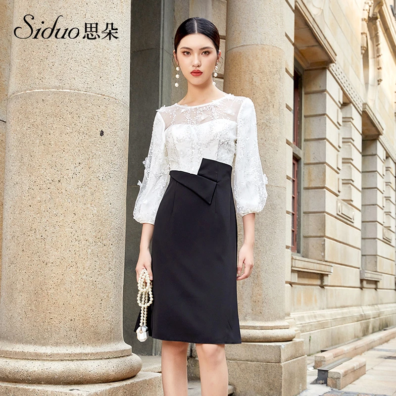 S23195礼服女优雅黑白撞色连衣裙时尚成人礼主持人宴会鱼尾礼服女