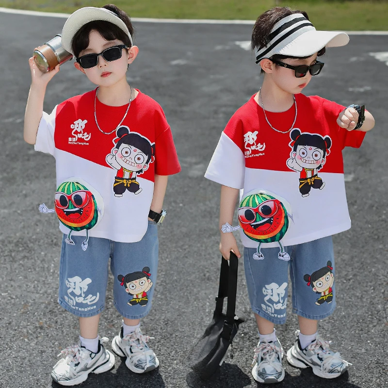 男童夏装卡通套装2025新款儿童短袖洋气男孩宝宝时髦夏季哪吒衣服