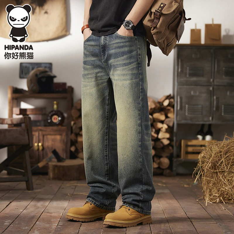Hi Panda春季爆款牛仔裤时髦猫须水洗复古直筒裤轻奢男士宽松长裤