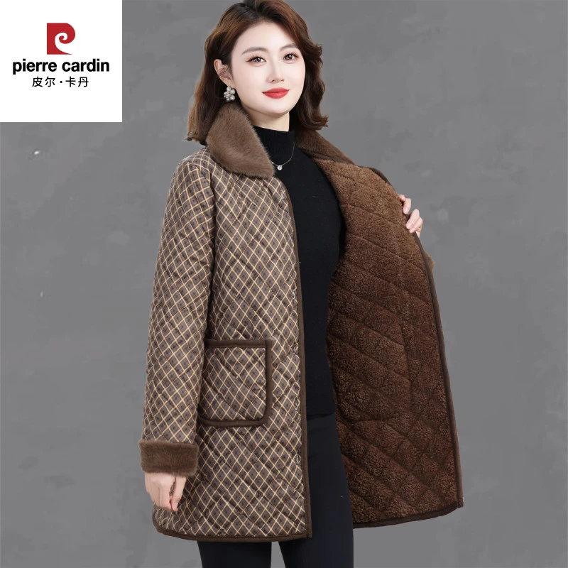 皮尔卡丹秋冬新款格子棉服女中长款翻领加绒棉衣外套中老年妈妈装