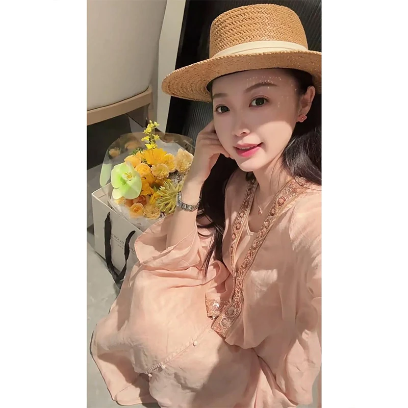 新中式国风裸粉色长袖V领亚麻连衣裙气质轻奢风女装