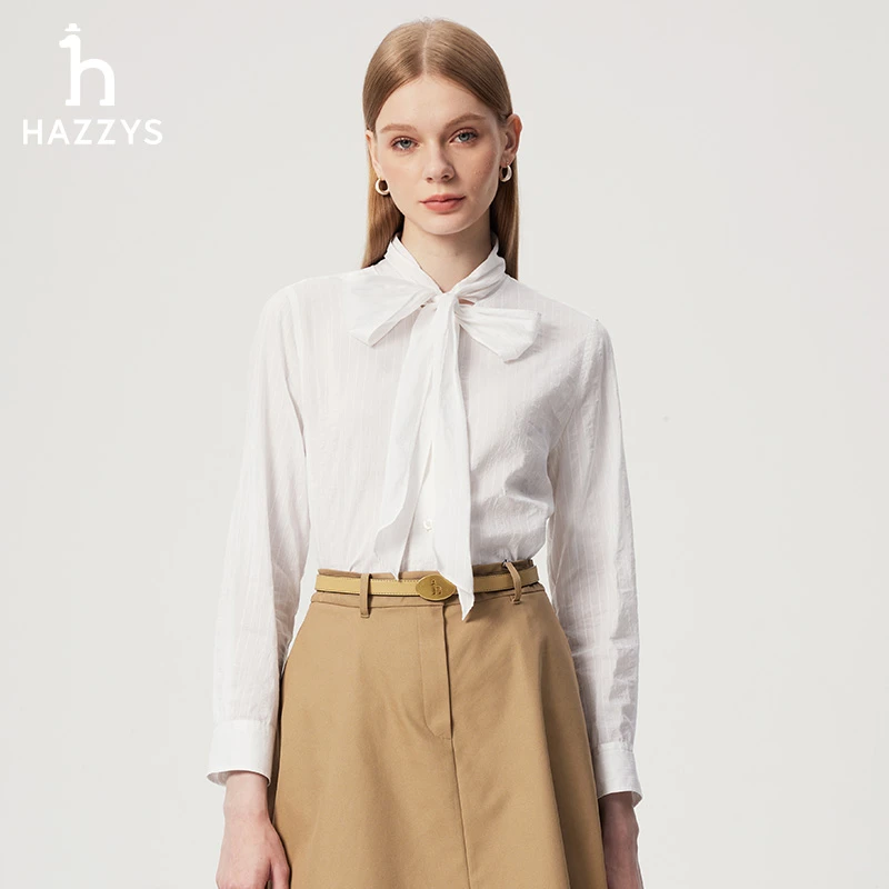 【商场同款】Hazzys哈吉斯女士春夏季薄款长袖衬衫白色休闲条纹衬衣