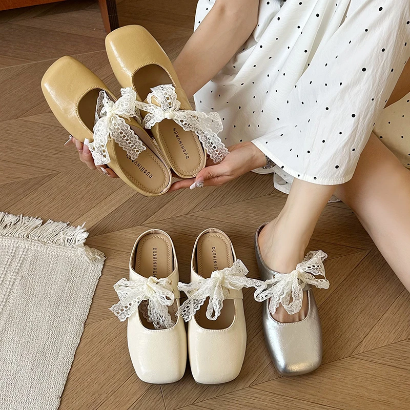 法式玛丽珍包头半拖鞋女外穿2025夏季仙女风方头复古平底气质凉拖