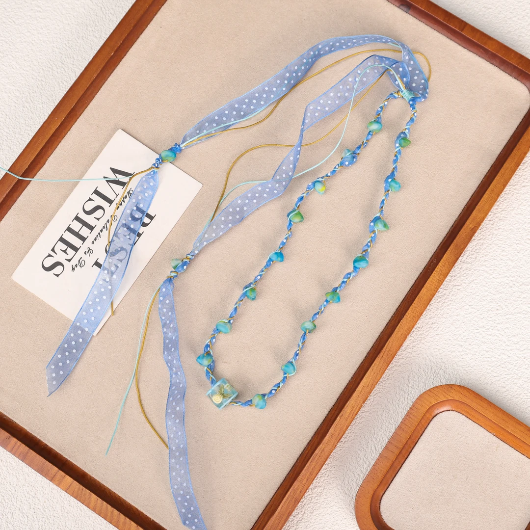 合金琉璃项链 LZ4732 蓝黄色方块内画小花丝带绳编项链2.0 11.29