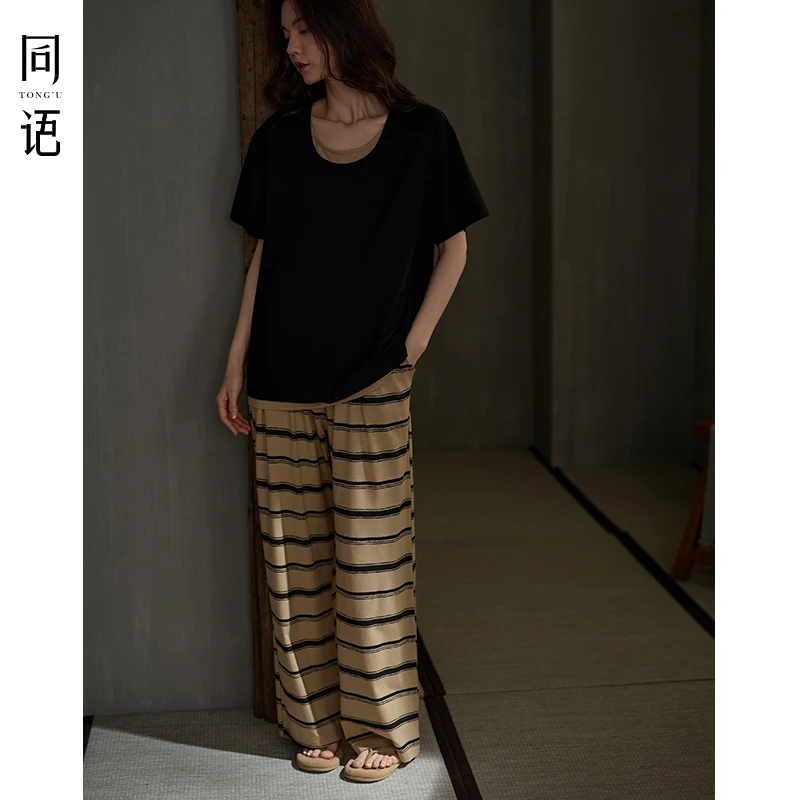 同语2025年夏季莫代尔棉睡衣女士短袖长裤条纹套装春夏新款家居服