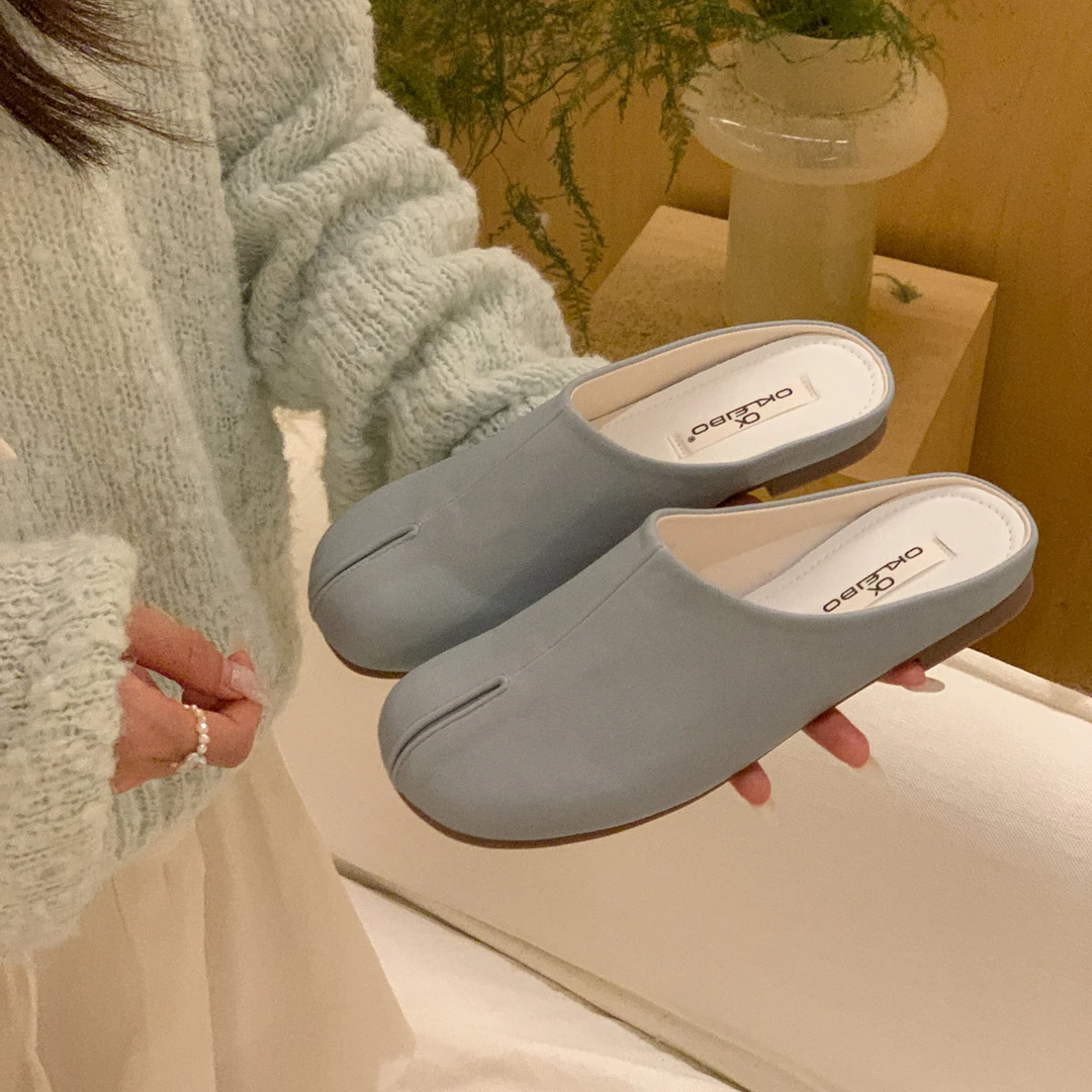 61oniiii"baby海盐蓝"韩国小众百搭半包拖鞋女外穿低粗跟分趾鞋子