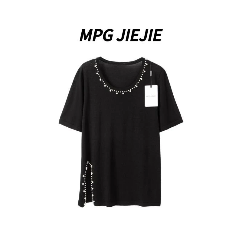 MPG JIEJIE【俏丽佳人】大码正肩钉珠开叉针织上衣