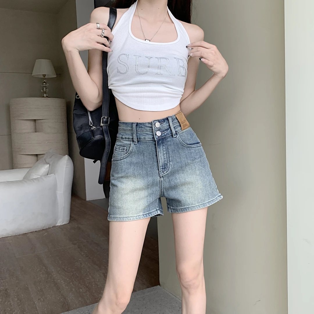 【现货+运险】复古美式高腰弹力显瘦做旧夏季牛仔短裤大码牛仔短裤