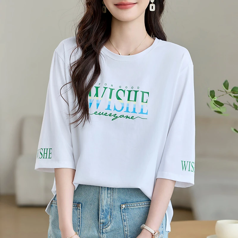 【精梳棉洋气七分袖】夏季新款宽松韩版百搭中袖T恤减龄显瘦上衣女