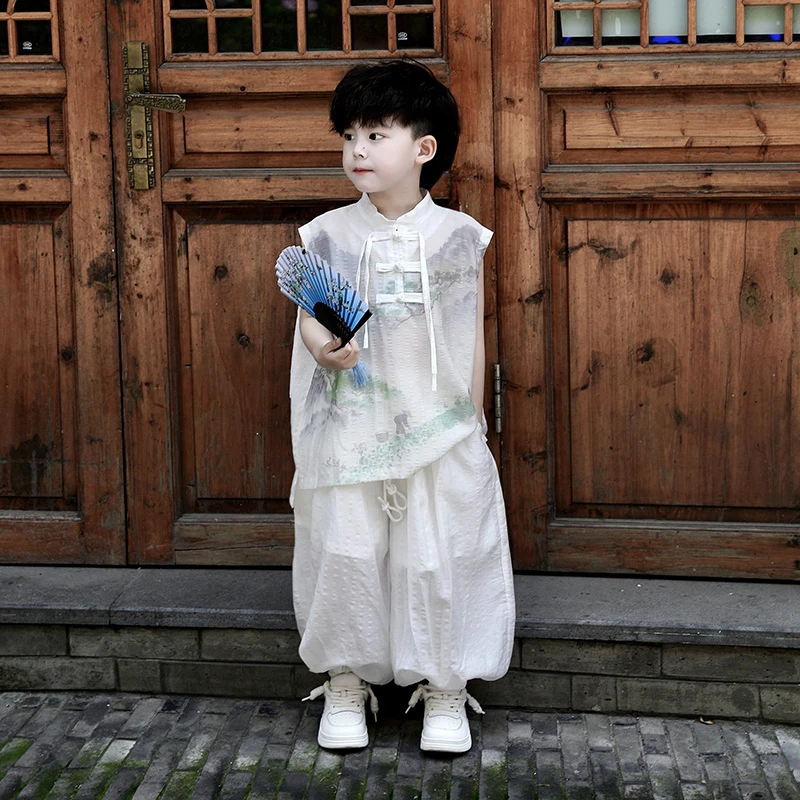 【现货】Jimmy妈童装 陌上人如玉夏季儿童轻薄透气中式国风无袖套装