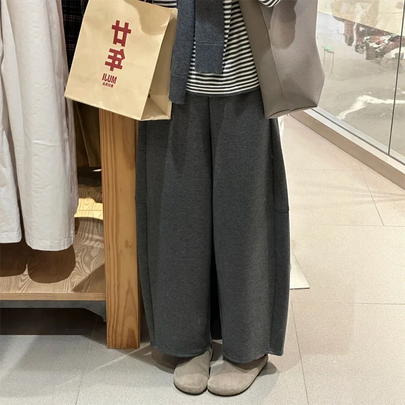 灰色九分阔腿奶皮裤女秋季新款小个子梨形身材宽松显瘦弯刀休闲裤