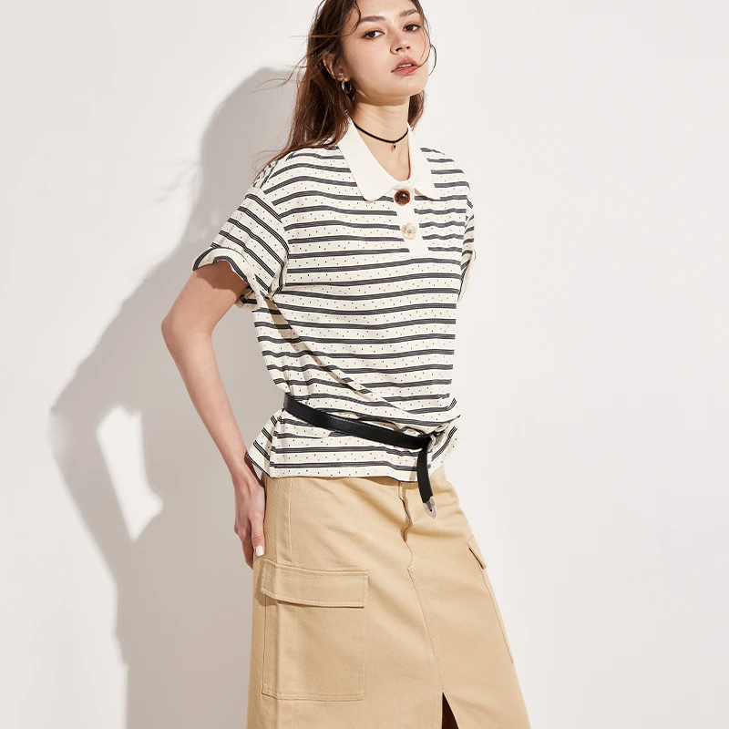 Basic House/百家好韩系撞色条纹polo领短袖T恤女2025夏减龄上衣