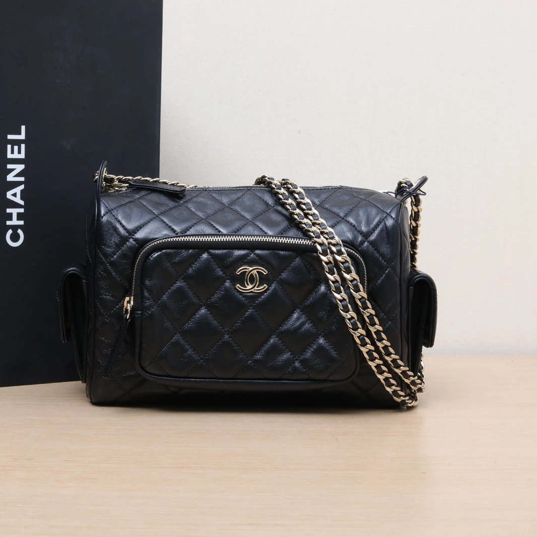 99新 Chanel/香奈儿 【黑黑】黑色 芯片开 金扣 24K 相机包 大号