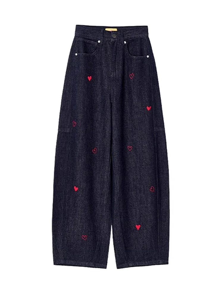 大码设计感复古爱心刺绣萝卜弯刀牛仔裤女春季高腰宽松阔腿镰刀裤