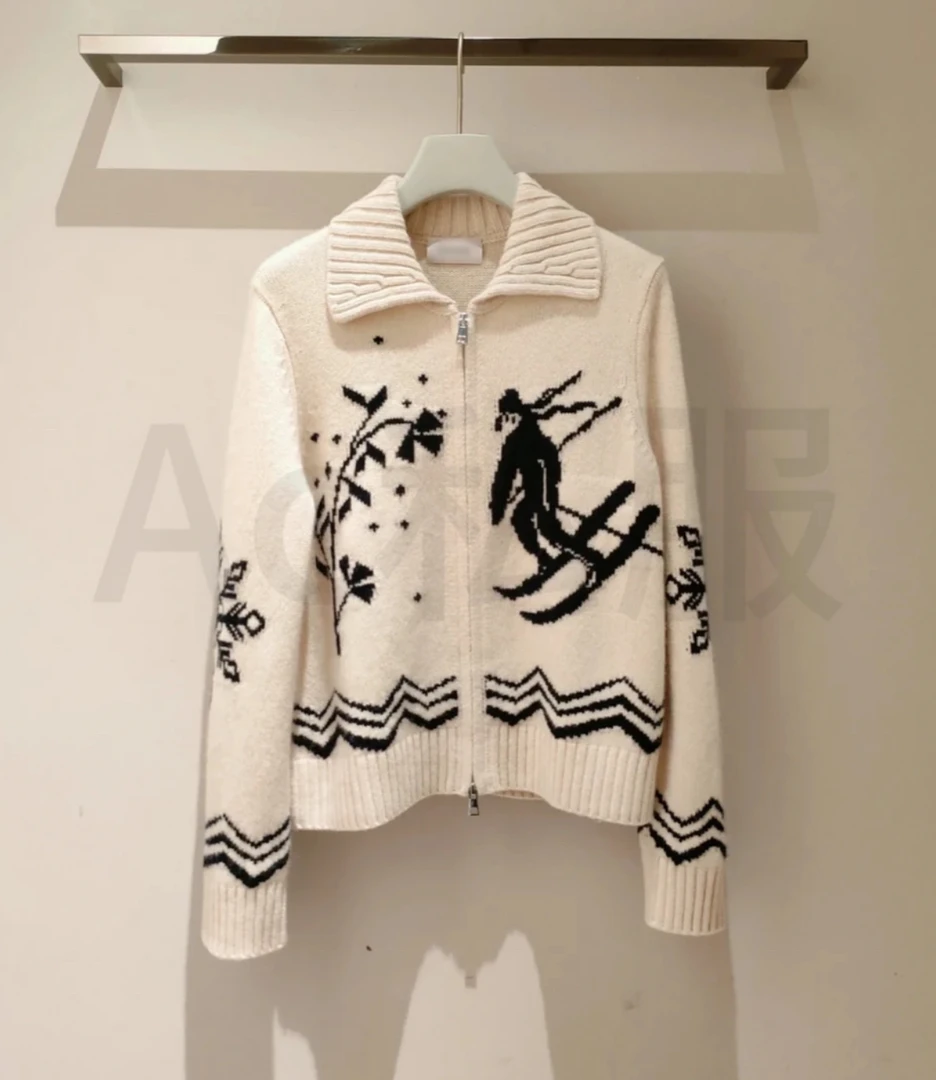 【温暖】滑雪提花翻领开衫费尔岛羊牛绒宽松针织毛衣女冬新品