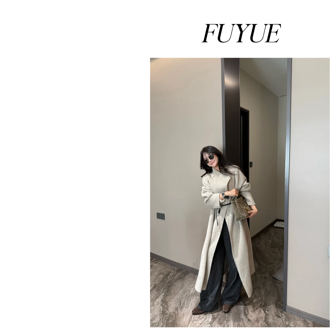 FUYUE赴约 品质燕麦大衣带围脖气质时尚百搭中长款秋冬休闲宽松