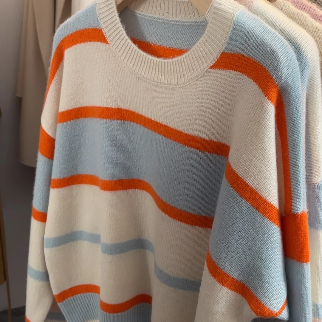 圆领 条纹 拼色 羊绒衫