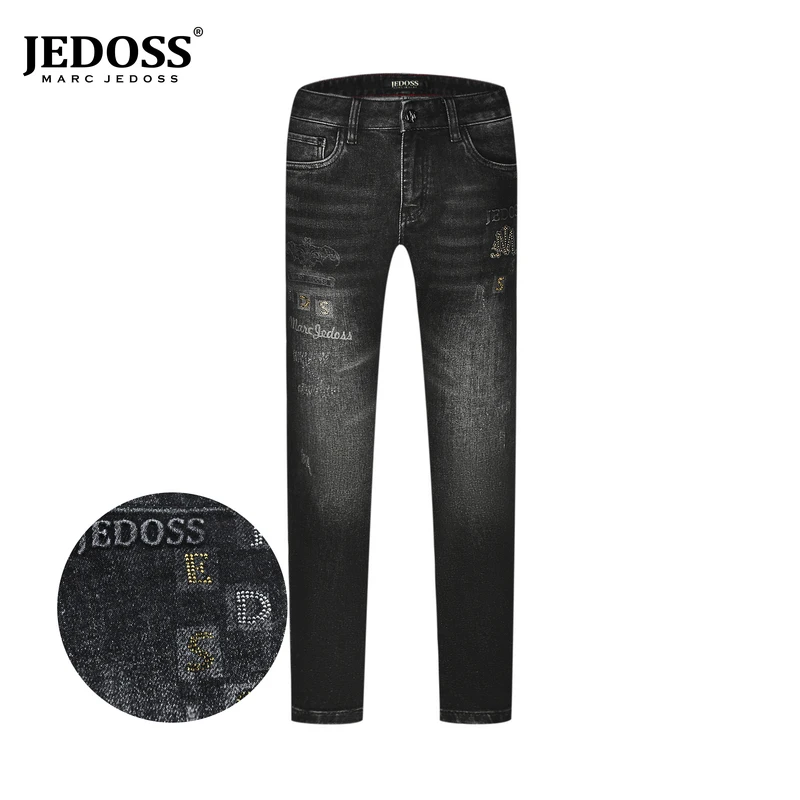 JEDOSS/爵迪斯2025秋上新时尚轻奢男装字母烫钻小直筒牛仔裤364