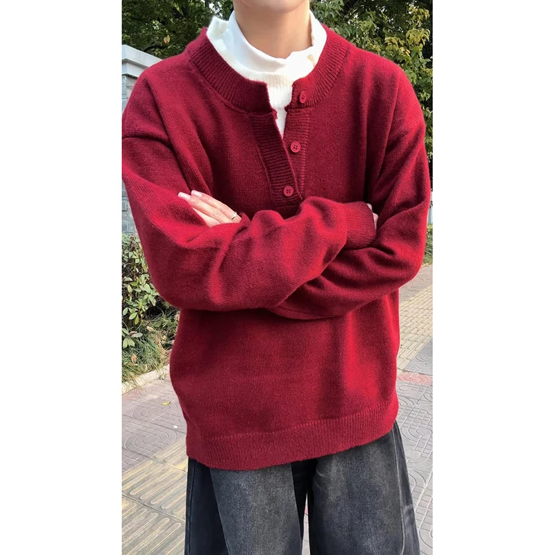 假两件红色毛衣男款秋冬高级感潮牌宽松简约慵懒风保暖内搭针织衫