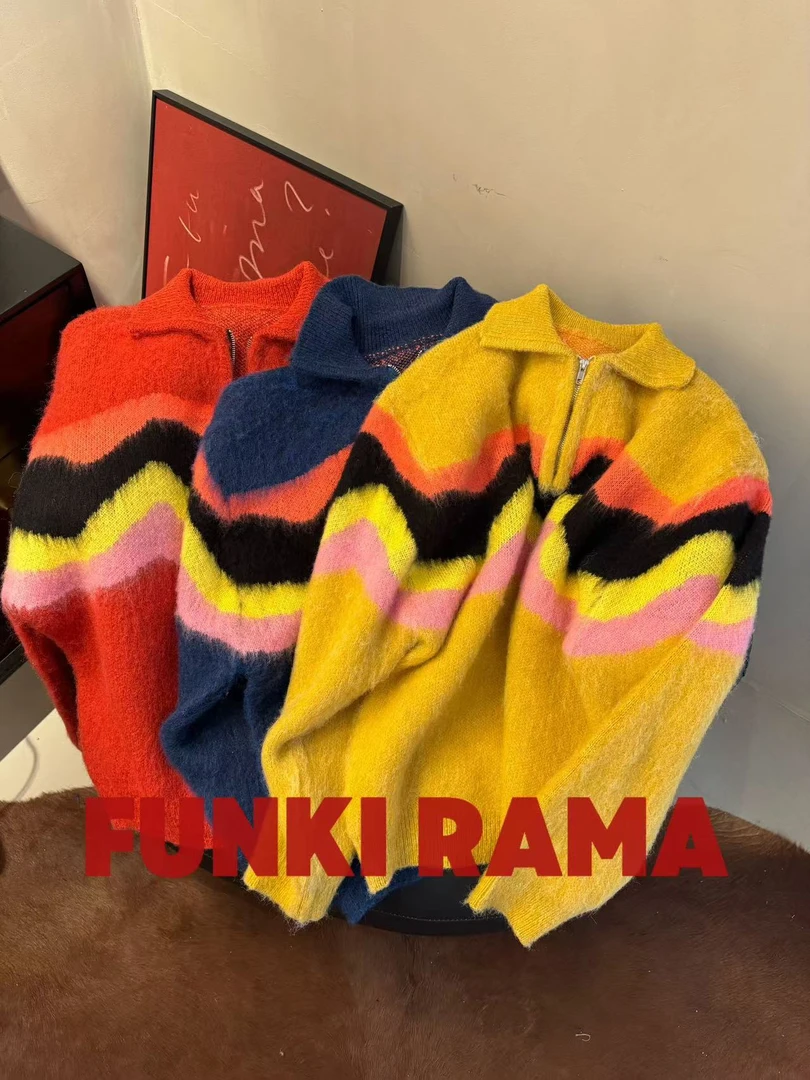 FR【彩色波浪】美式撞色条纹设计感休闲宽松情侣同款针织衫毛衣上衣