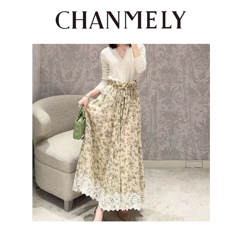 【CHANMITY】25/ss法式浪漫蕾丝拼接碎花蝴蝶A裙摆显瘦半身裙023170