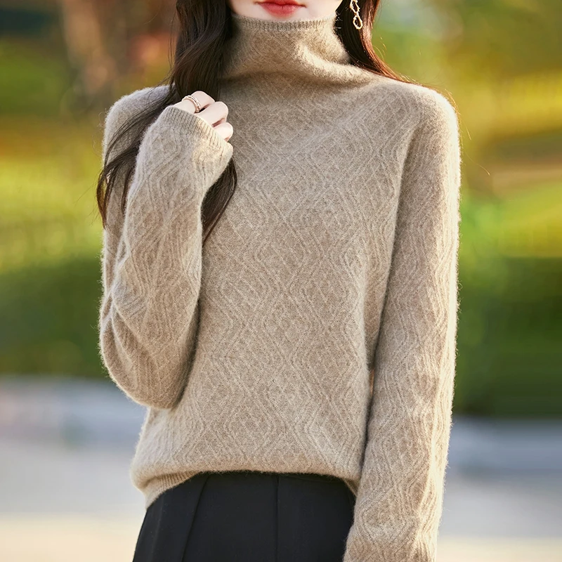 秋冬100%纯羊毛衫女堆堆领长袖无缝毛衣厚款时尚洋气菱形针织上衣