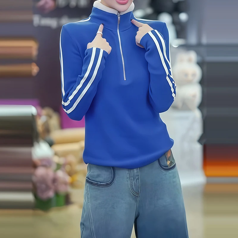 秋冬新款立领侧面条纹修身短款T恤女装韩系运动休闲百搭蓝色上衣